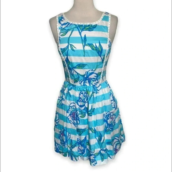 Lilly Pulitzer 0 dress Sandrine Shorely Blue tossing the line pearl fit‎ + flare - Picture 6 of 12